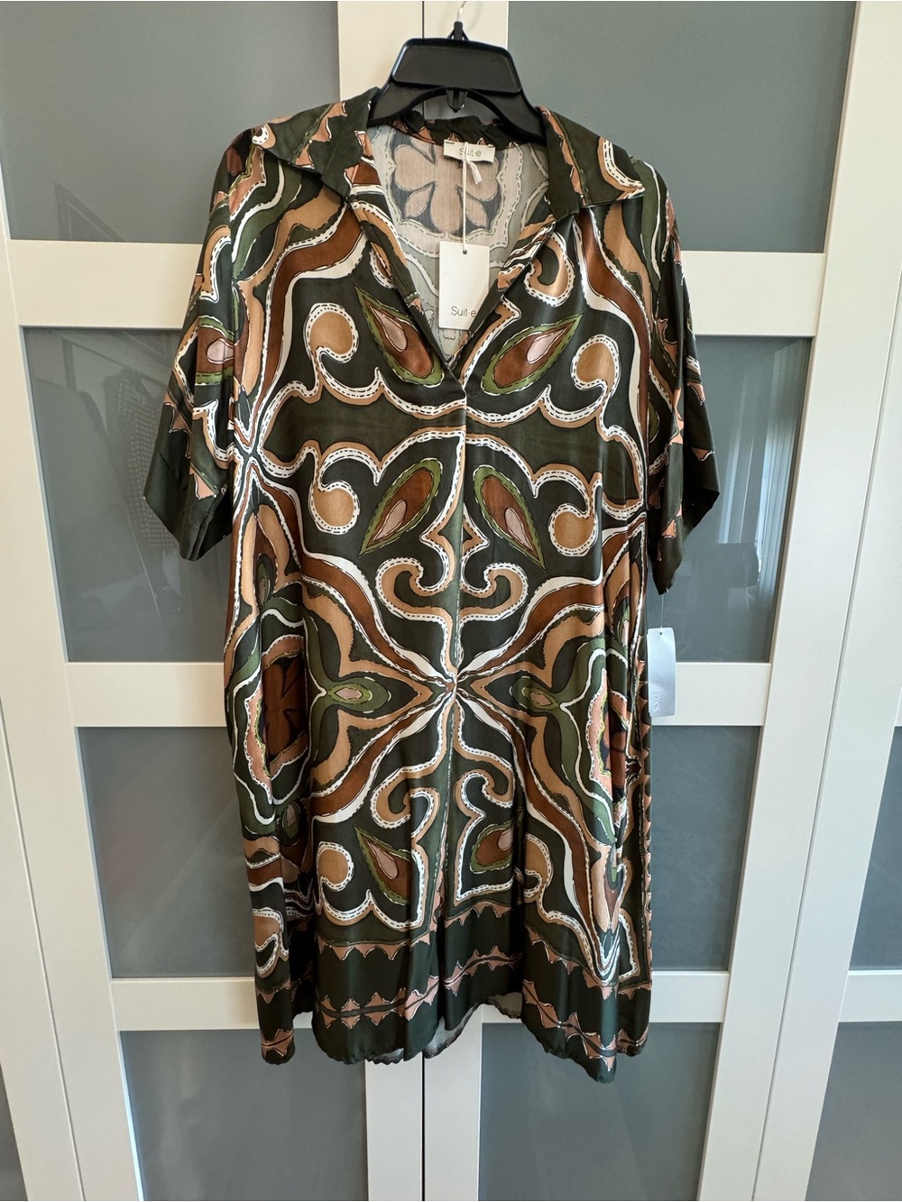 Silky Green & Brown Abstract Print Button-Up Dress